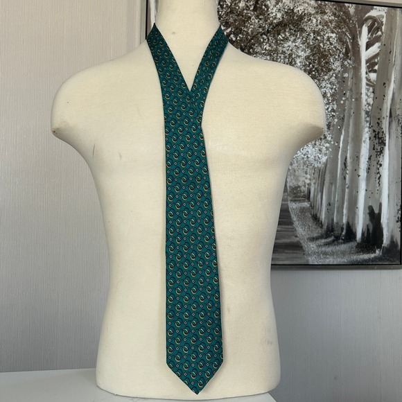 Brooks Brothers Makers Mens Silk Geometric Links Necktie Green Blue - Picture 2 of 4